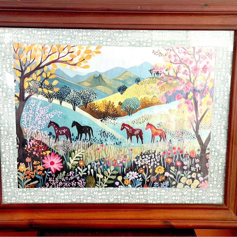 Whimsical Horses in a Colorful Flower Field Forest Canvas Wall Art Wood Framed - Picture 4 of 11